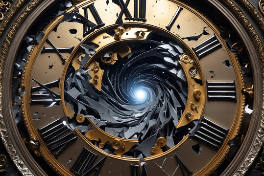 A Surreal Clock Face Imploding into a Spiraling Vortex, Warping Time and Space with Shards, a Black Hole, and Pulsing Blue Light, Against a Starry Cosmic Sky.