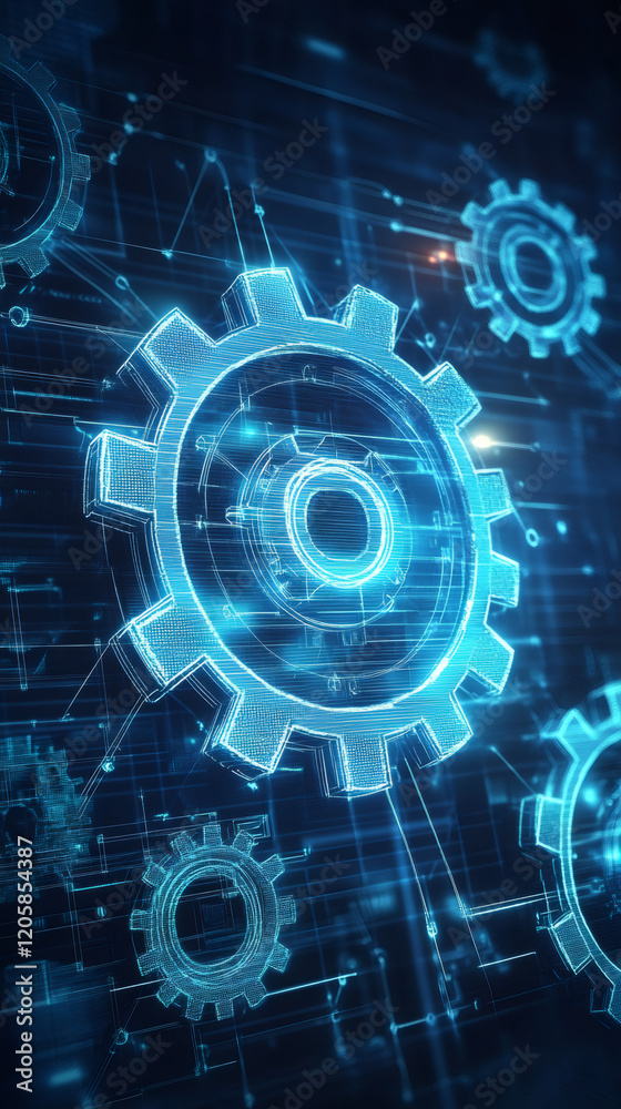 Poster glowing digital gears rotating against technological background, representing technological innovati