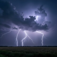 Lightning Strikes Over a Field in Thunderstorm