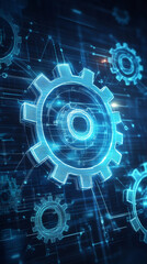 Glowing digital gears rotating against technological background, representing technological innovation and advanced engineering progress