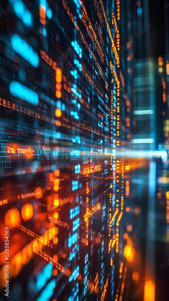 Aufkleber Futuristic server running lines of programming code with orange and blue colors and motion blur effect