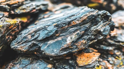 Fototapeta premium Dark rock texture closeup, mountain pile, blurred background, landscaping design