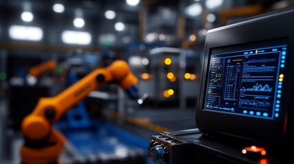 Industrial Automation: Robotic Arm and Control Panel in a Modern Factory