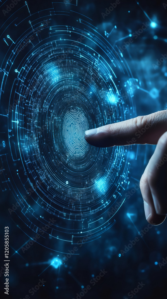 Poster digital fingerprint scanner glowing blue, displaying binary circuits as human finger touches high-te