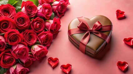 Valentine's Day gift wrapped in heart-shaped chocolate surrounded by lush red roses on a soft pink background, filled with romantic and affectionate feelings, valentine's day gifts, chocolate boxes
