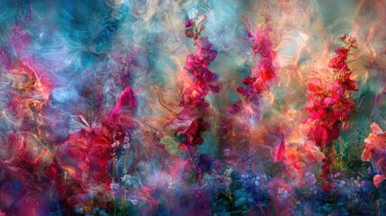 Abstract floral art, colorful smoke, garden, vibrant hues, fantasy background, design