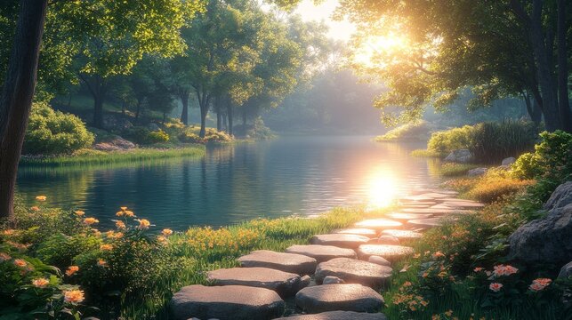 Sunlit stone path leads to tranquil lake in lush garden.