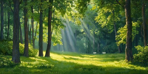 Obraz premium Morning light in serene forest scene with conservation signs nature wide angle view