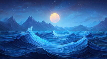 Obraz premium Majestic moonlit ocean waves under enchanting starry sky in a serene night landscape