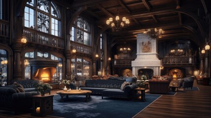 Elegant interior of a cozy lounge featuring a fireplace and vintage decor.