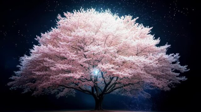 Under the fading light of dusk, a magnificent cherry blossom tree stands tall, its vibrant petals softly illuminated, creating a peaceful atmosphere that calms the soul.