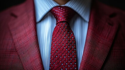 A close-up view highlights a stylish red checkered suit paired with a patterned red tie. The formal attire creates a refined aesthetic suitable for upscale events or business functions