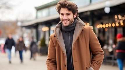 Fototapeta premium Casually dressed man smiling outdoors in a city street with shops and lights in the background.
