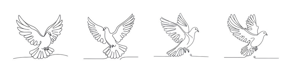 Obraz premium Set of One continuous line drawing of white dove, line art image, isolated over on transparent white background