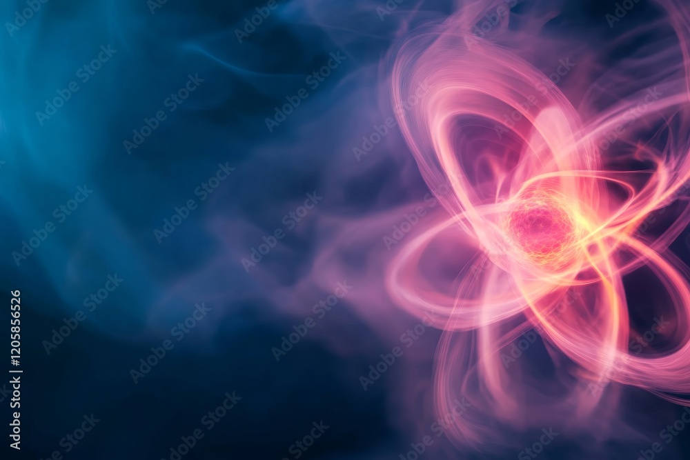 Leinwandbilder Close-up artistic rendering showcases a glowing atom with vibrant orbits in motion, set against a deep blue backdrop with ample copy space for text