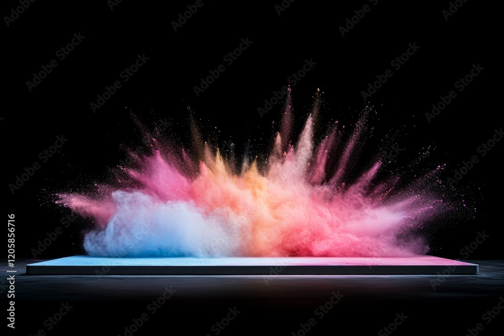 Aufkleber Exploding color powders intermingle in mid-air, forming a stunning gradient of reds, blues, and yellows, contrasting beautifully with a dark background