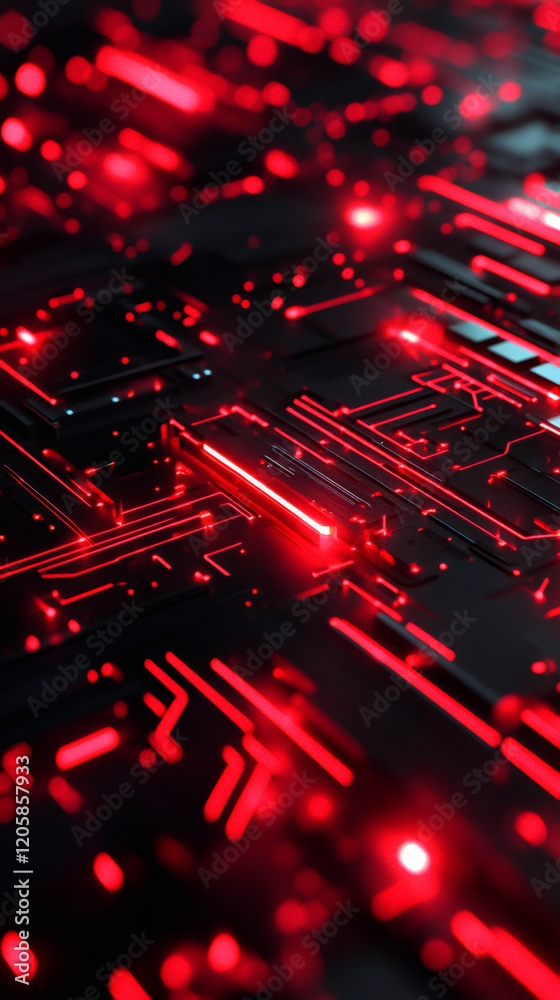 Poster red glowing lines creating a futuristic electronic circuit board, perfect for technology and innovat