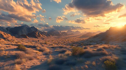 Serene desert landscape at sunset with mountains and clouds.