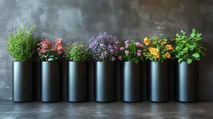 Colorful flowers in black cylindrical pots against a gray wall.