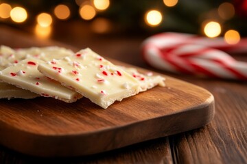 Peppermint bark slice rests on a wooden cutting board in a cozy kitchen with festive lights...