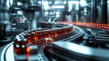 Modern Pharmaceutical Production Line with Red Lighting