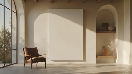 Sunlit room, armchair, blank canvas, arched alcove, mockup