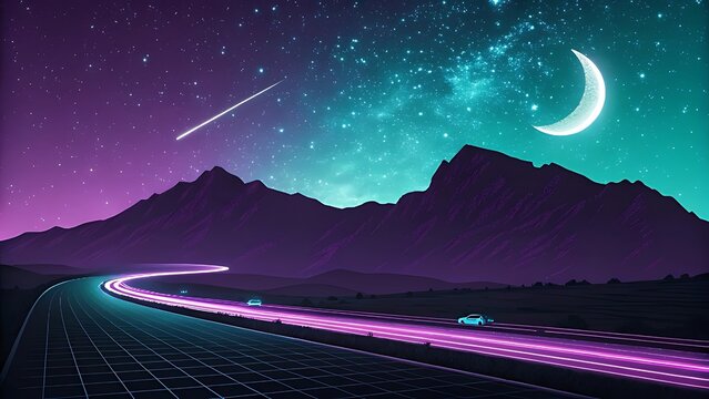 Night sky, crescent moon, starry background