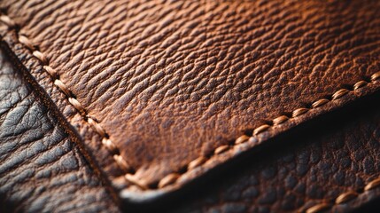 Close-up brown leather texture, stitched detail, dark background, product advertising