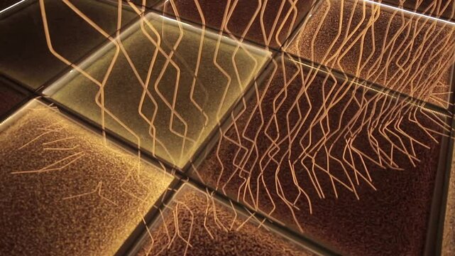 Glass floor with lamps reflection. Glass tiles in holl