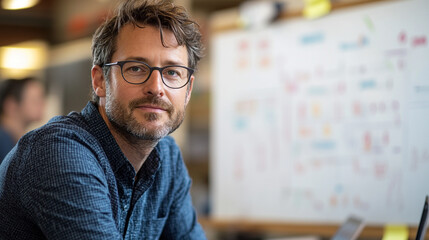 Fototapeta premium Professional man engaging in creative work at a modern workspace during a brainstorming session