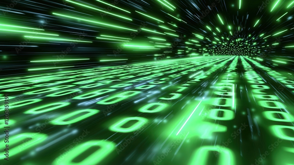 Poster glowing green binary code streaming through a digital tunnel