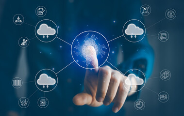 Businessman, Touch Screen, Fingerprint Scan, Concept, Management, Working Online, Modern Internet Technology, Global Data Connection, Big Data, Cloud Computing, Automation.
