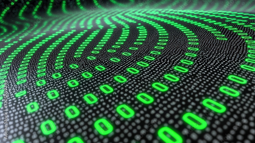 Poster abstract digital data flow: glowing green binary code wave