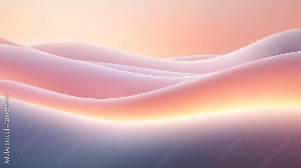Poster Elegant 3D waves in soft pastel tones create a smooth surface illuminated by gradient lighting, adding a modern and artistic touch with ample copy space