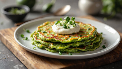 Delicious spinach pancakes topped with sour cream in cozy kitchen