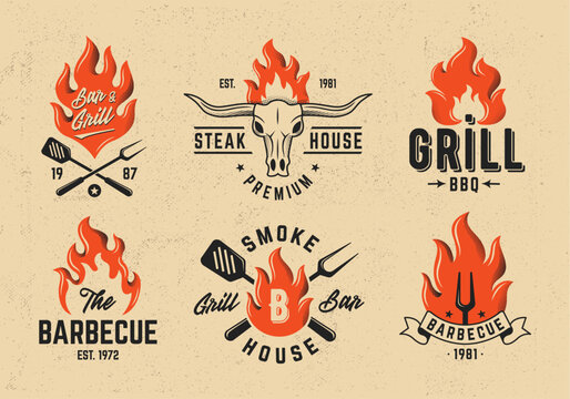 Vintage BBQ emblems with flames, grilling tools. Perfect for branding restaurants, grill houses, or barbecue events. Rustic and retro style. Vector Illustration