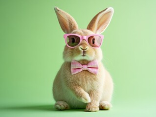 Fototapeta premium Trendy Bunny with Pink Sunglasses and Bowtie