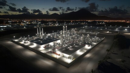 Obraz premium Night industrial complex aerial, mountain backdrop, city lights, energy production