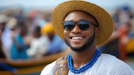 A smiling man wearing sunglasses and a straw hat stands in a bustling waterfront area at a festival. Colorful boats and festival-goers bring vibrancy to the atmosphere