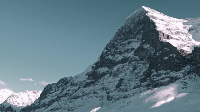 Beautiful Snowcapped Mountain Peak Eiger North Face at 3970 Meter High in a Sunny Winter Day in Grindelwald, Kleine Scheidegg, Bernese Oberland, Canton Bern, Switzerland.