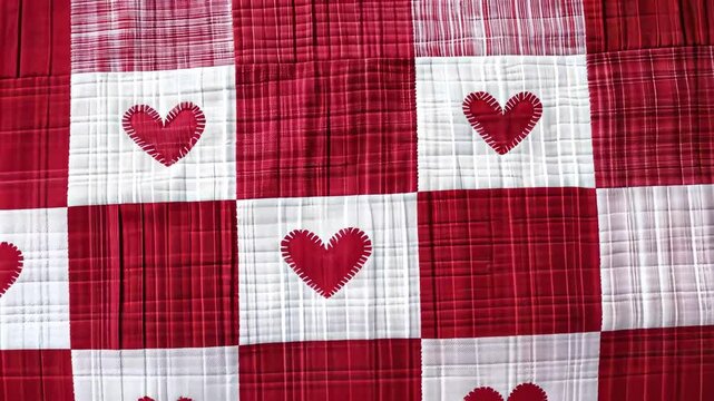 Colorful quilt pattern featuring red and white heart motifs