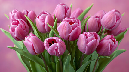 Fototapeta premium A bouquet of pink tulips on a soft pastel pink background, perfect for celebrating Valentine's Day or Mother's Day.
