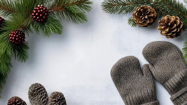 Cozy winter accessories with pinecones and greenery on a light background