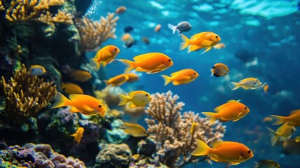Fototapeta premium School of yellow fish swims through a vibrant coral reef.