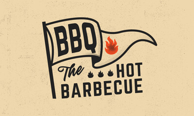 Retro bbq flag design with bold typography, flame icons, and distressed texture. Vintage design for barbecue, grill restaurant menu. Vector illustration