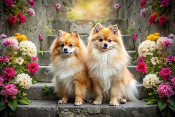 Double Exposure: Pomeranian Spitz Dogs & Blooming Flowers on Steps