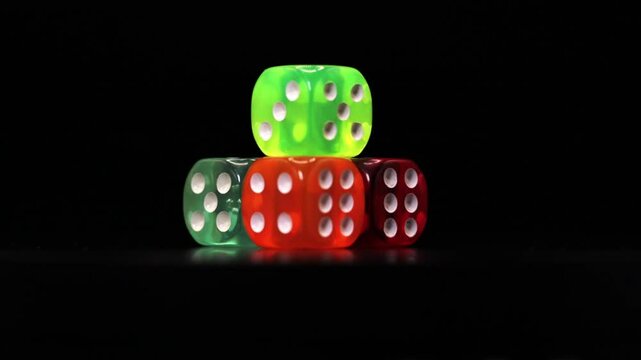 multicolor transparent Dice set isolated 360 rotation black background