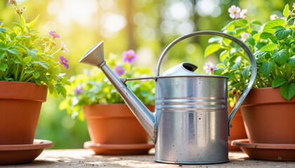 Vintage metal watering can beside potted plants in sunlight, garden care