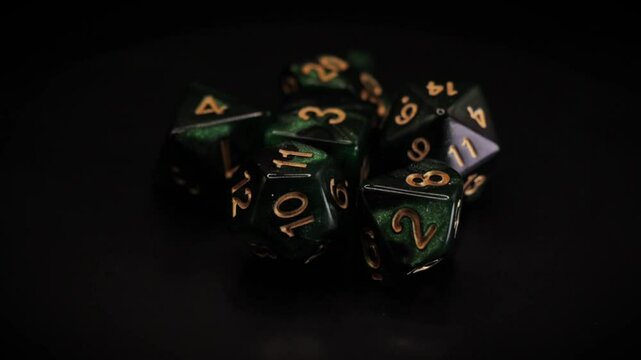 Fantasy RPG green Dice set isolated 360 rotation black background