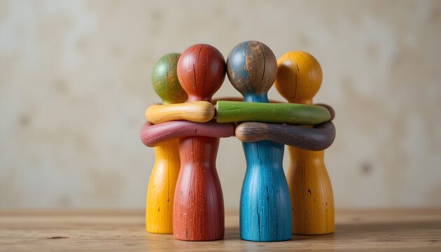 Colorful wooden figures in embrace
